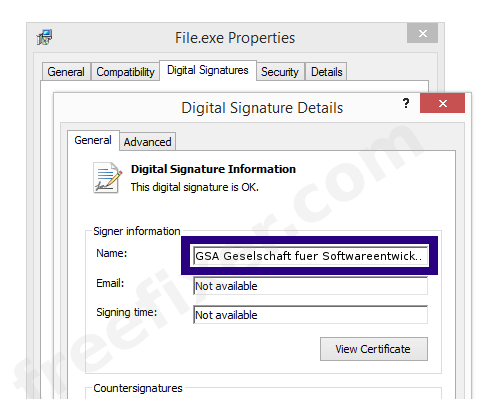 Screenshot of the GSA Geselschaft fuer Softwareentwicklung und Analytik GmbH certificate